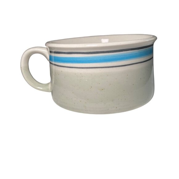 Vintage Speckled Stoneware Soup Mug With Blue Stripe - Picture 2 of 6